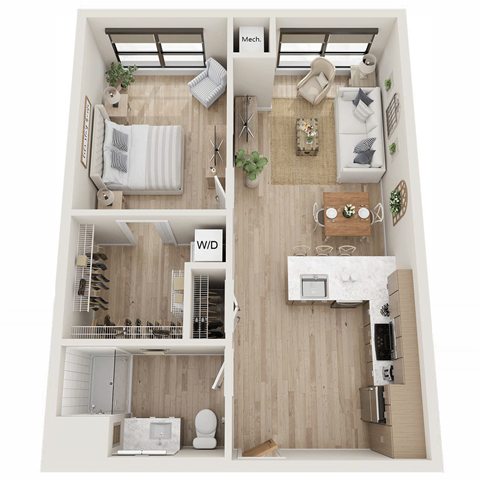 Floor plan for 1 bed, 1 bath, 661 sqft